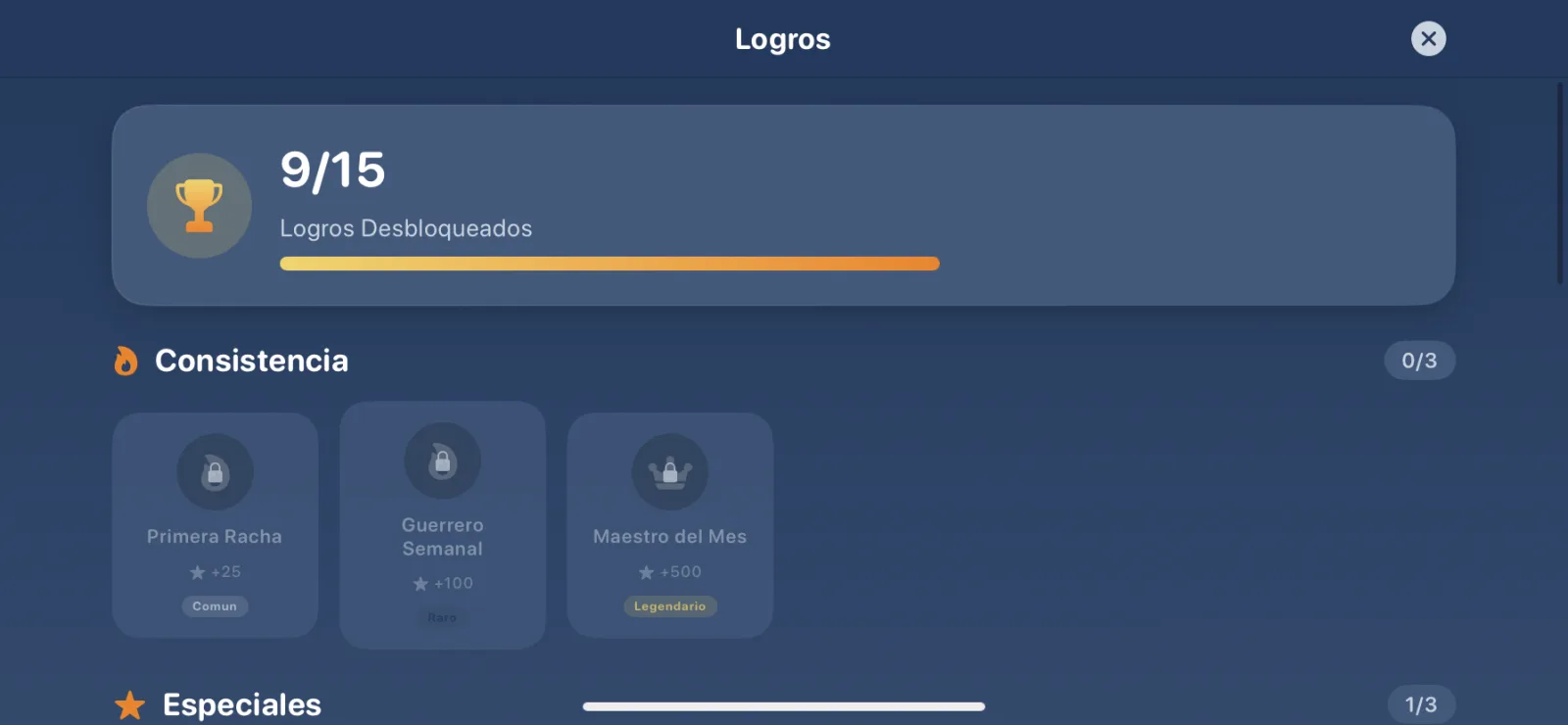 Achievements and badges screen in MathCracks showing educational gamification