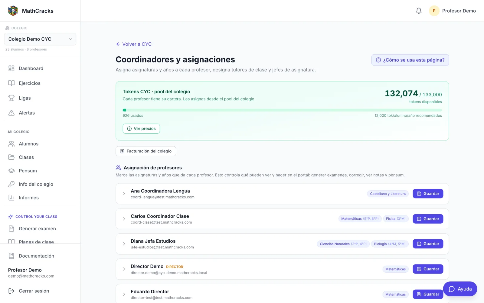 Tela real de perfis de coordenação do CYC