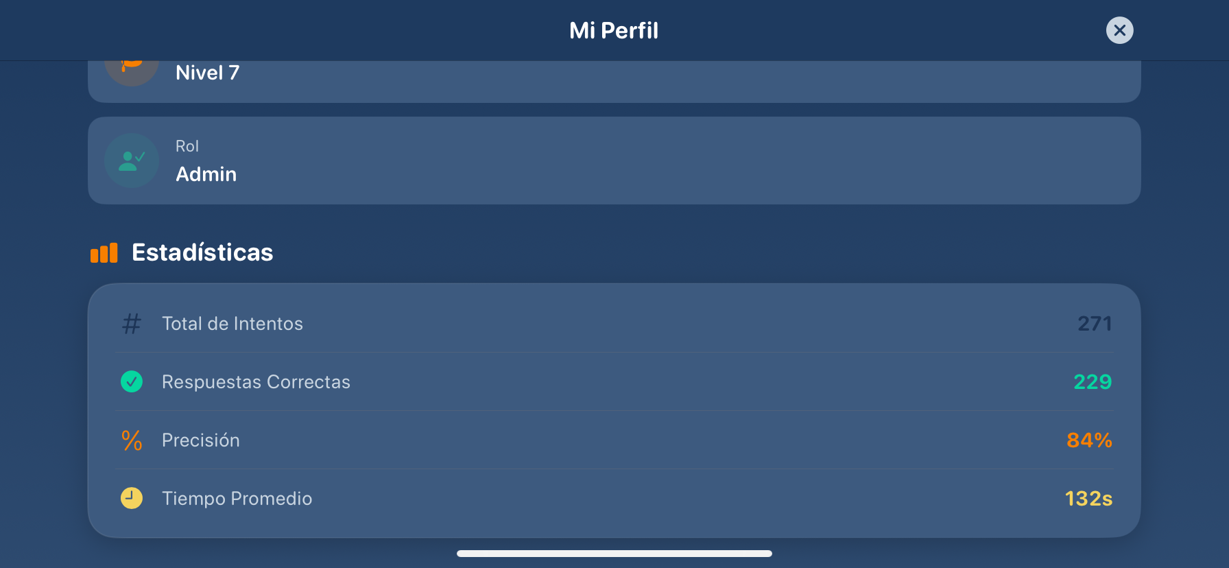 Perfil del estudiante con estadísticas